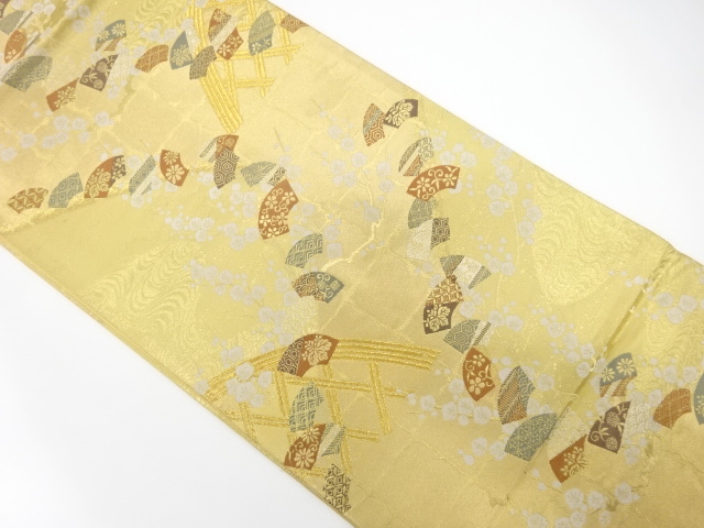 JAPANESE KIMONO / FUKURO OBI / SILK / WOVEN SCATTERED FOLDING FAN & UME & MESH